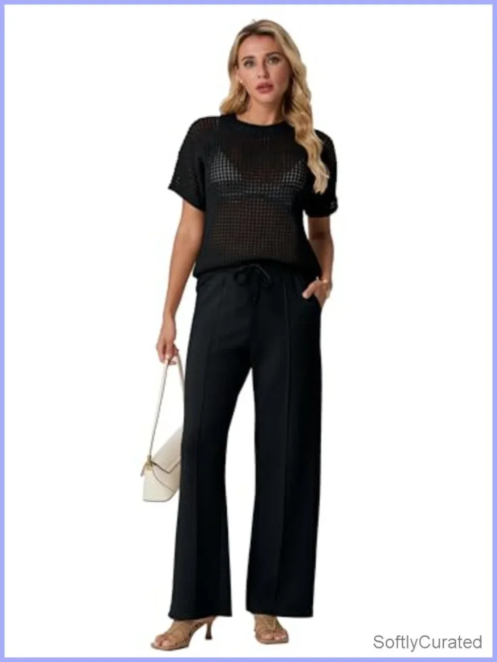 Crochet Sheer Knit Sweater Top & Wide Leg Pants Lounge Travel 2 Piece Set